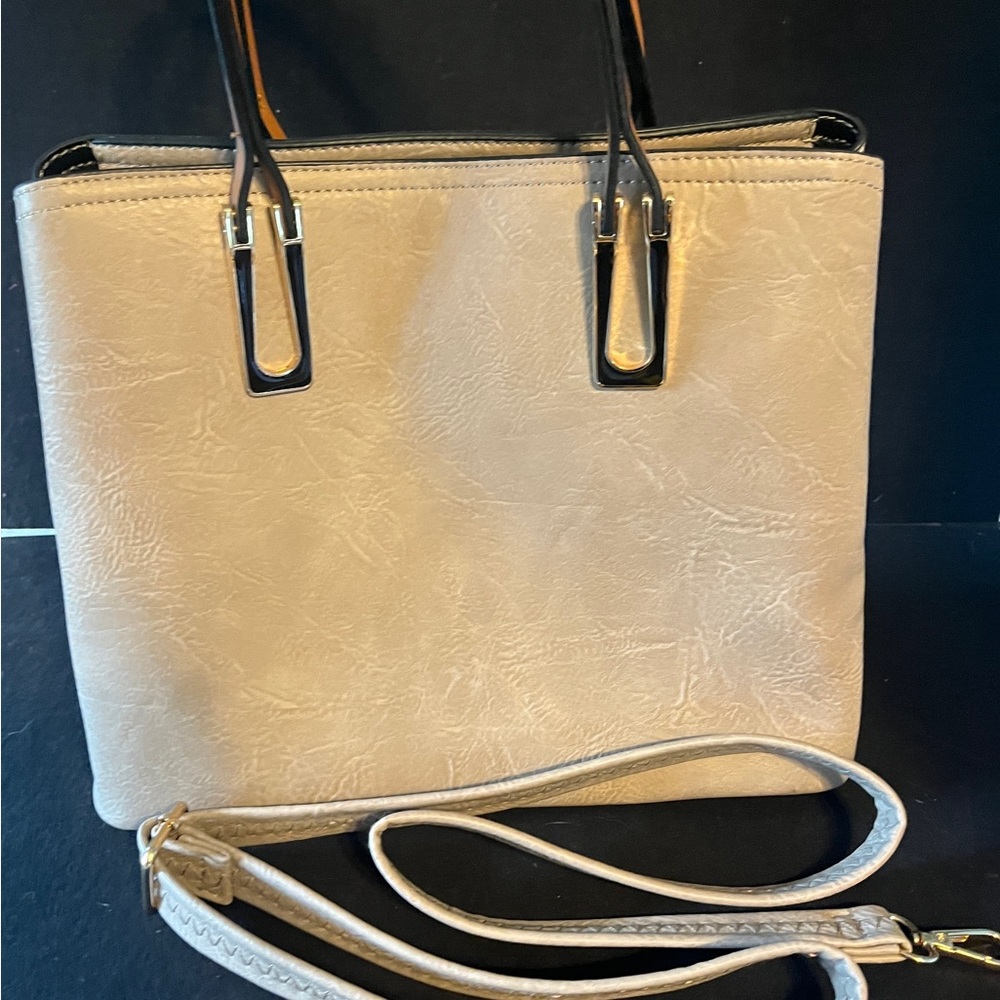 EUC Beautiful Cream Structured Tote with Black Handles and removable strap